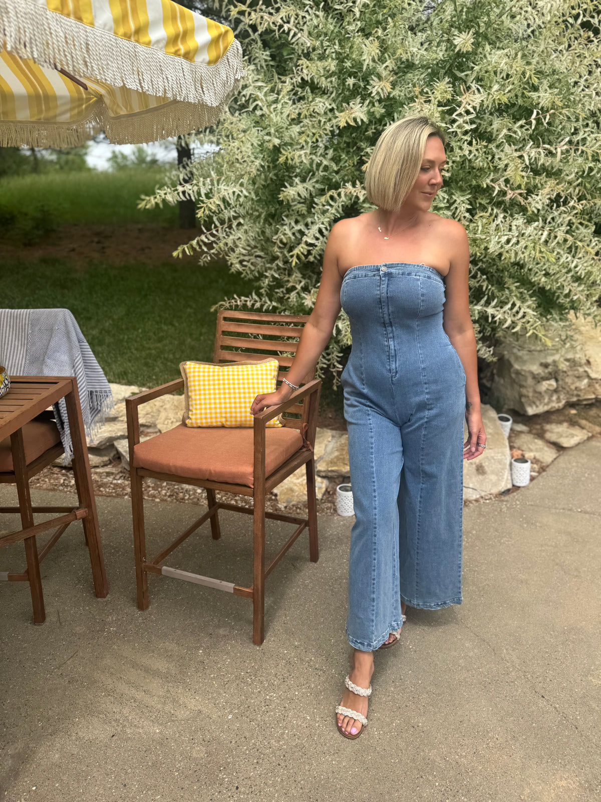 Strapless Wide Leg Denim Jumpsuit