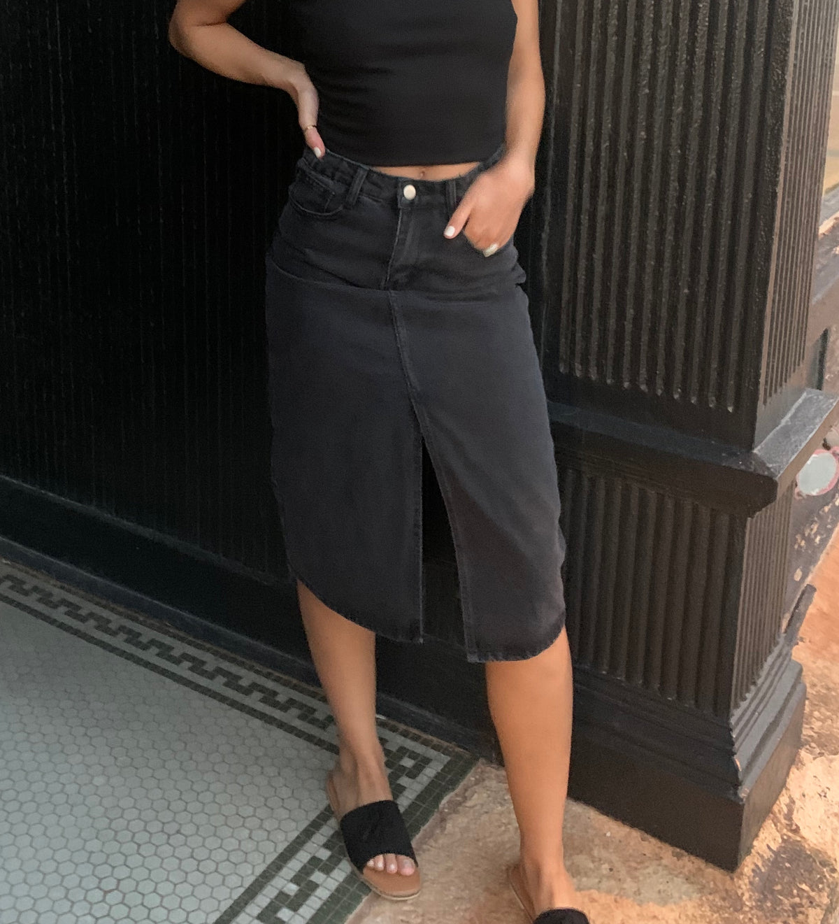 Denim Midi Pencil Skirt - Black