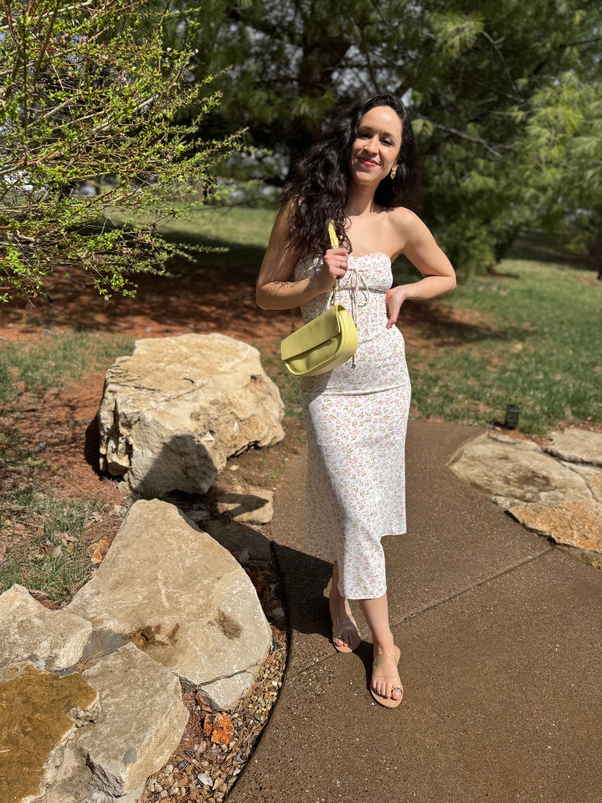 Pink Floral Print Strapless Midi Dress