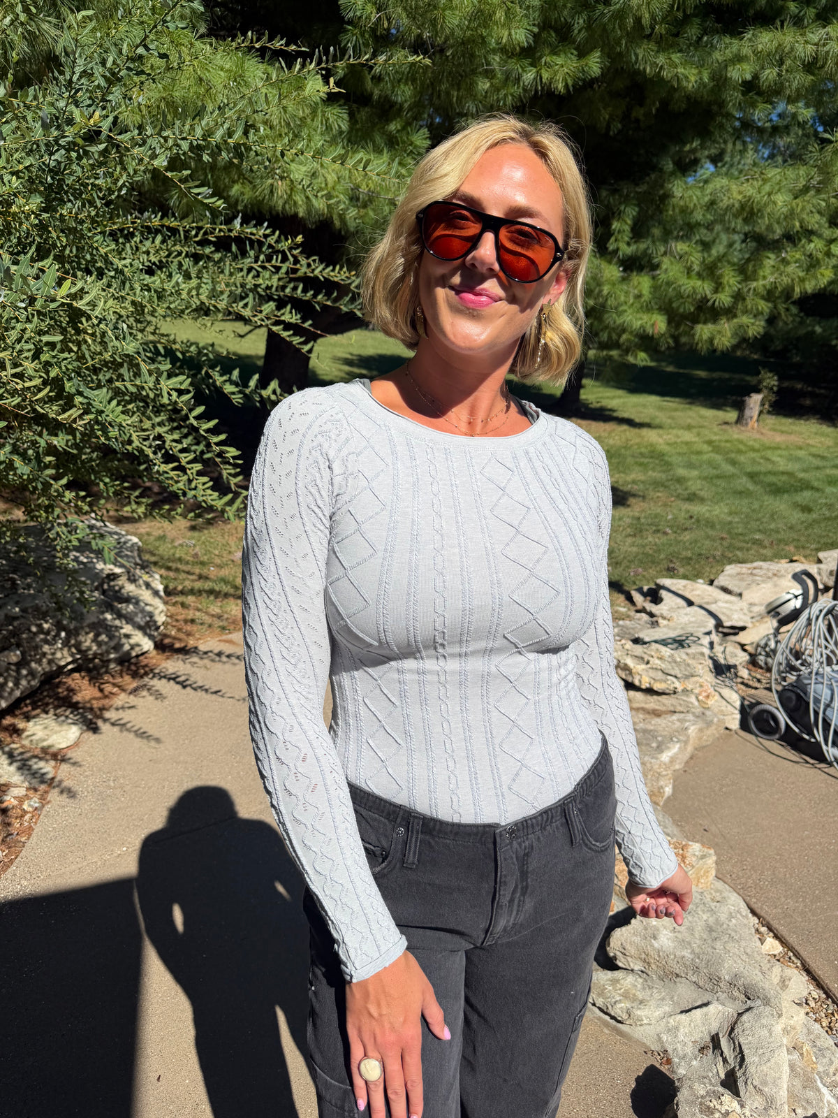 Grey Textured Long Sleeve Fitted Top