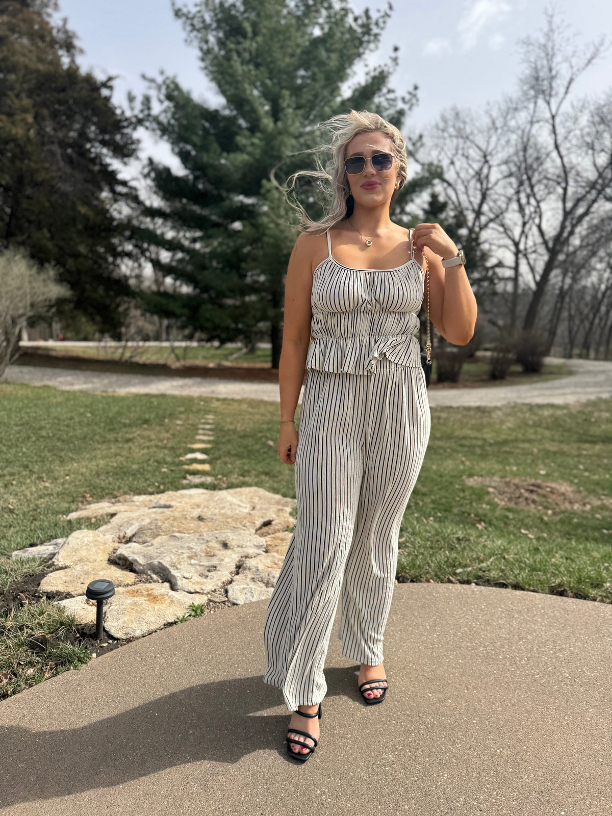 Black & Natural Striped Wide Leg Pants