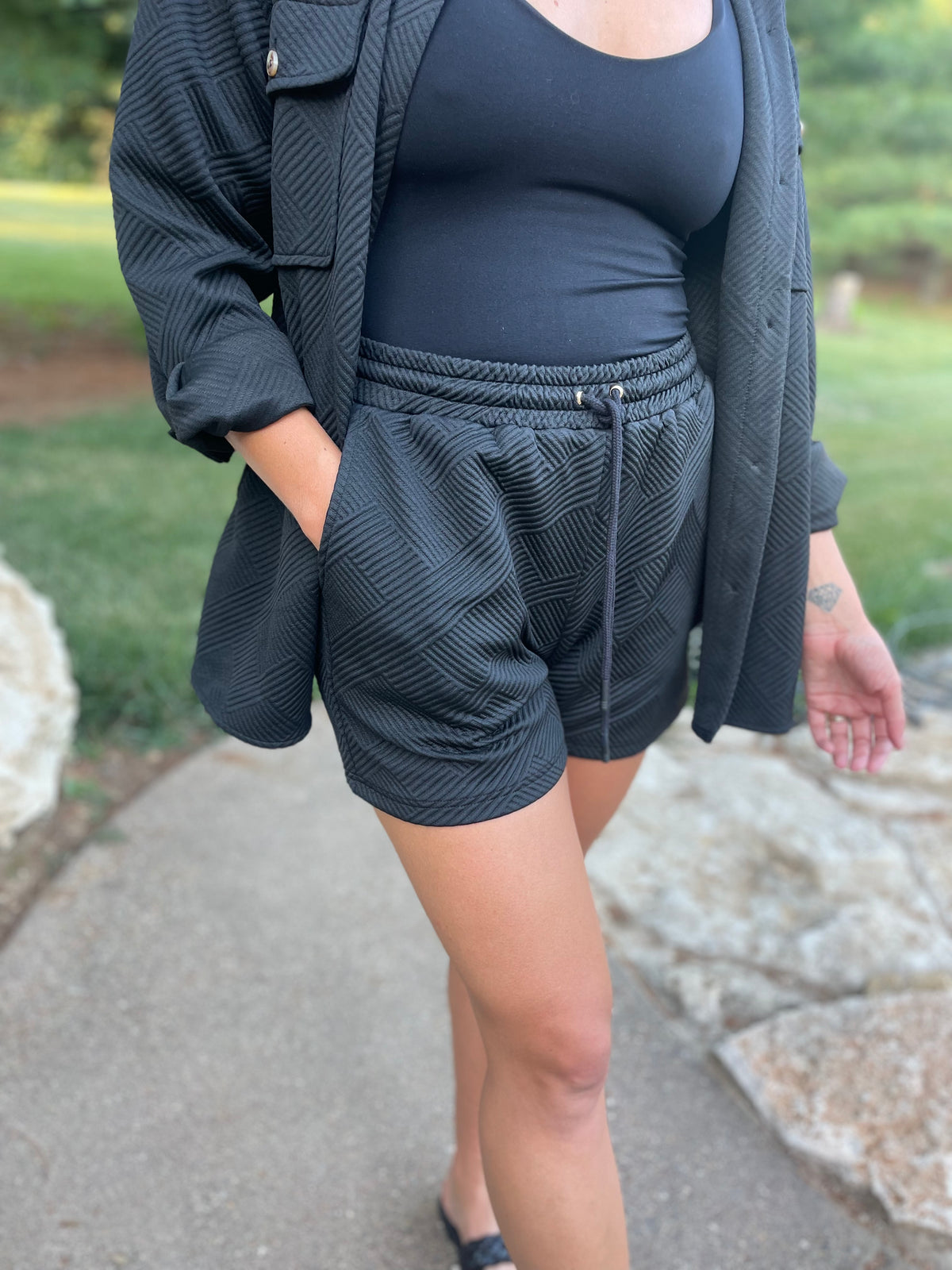 Black Jacquard Knit Drawstring Short