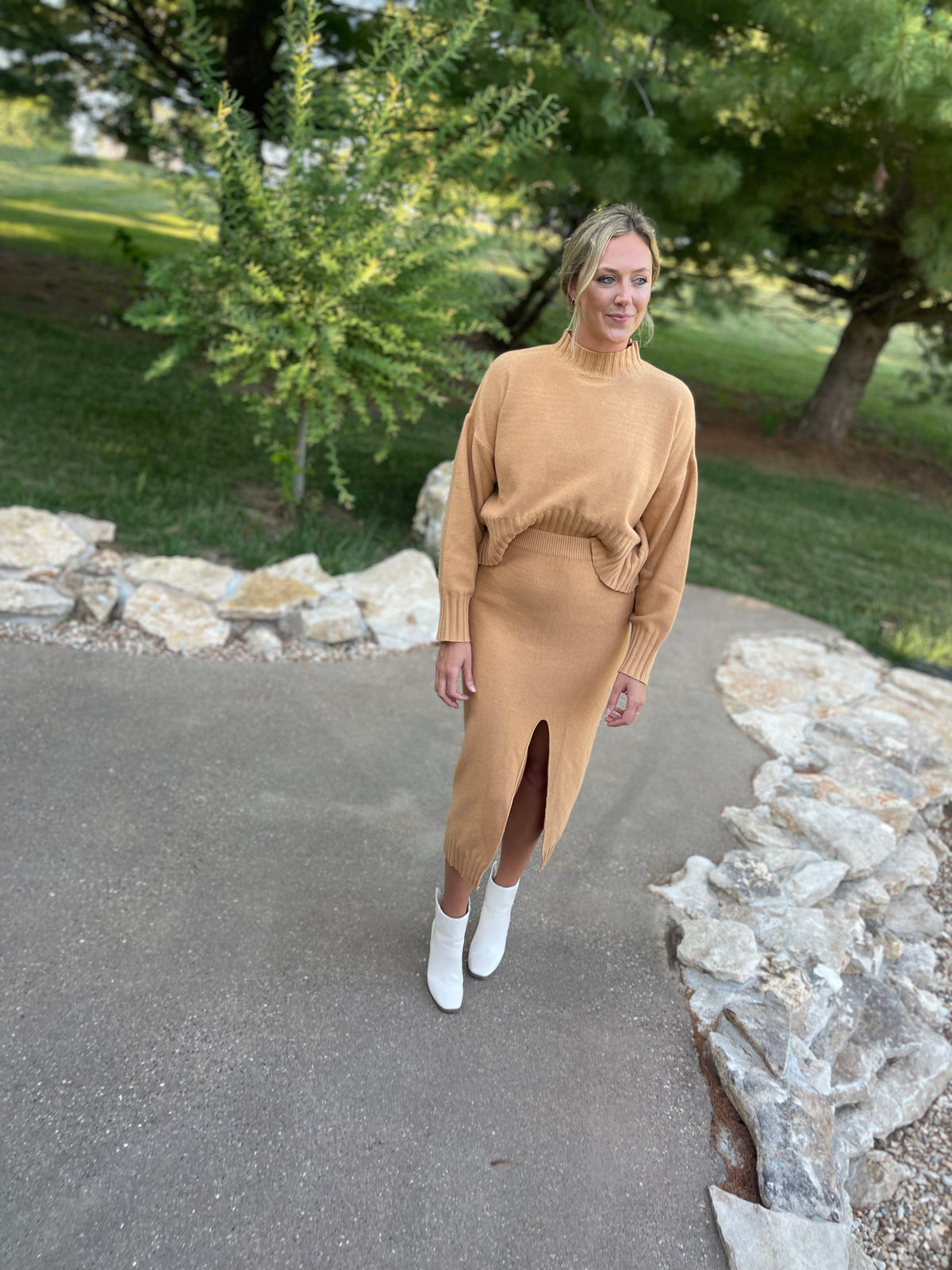 Camel Split Hem Knit Skirt Set