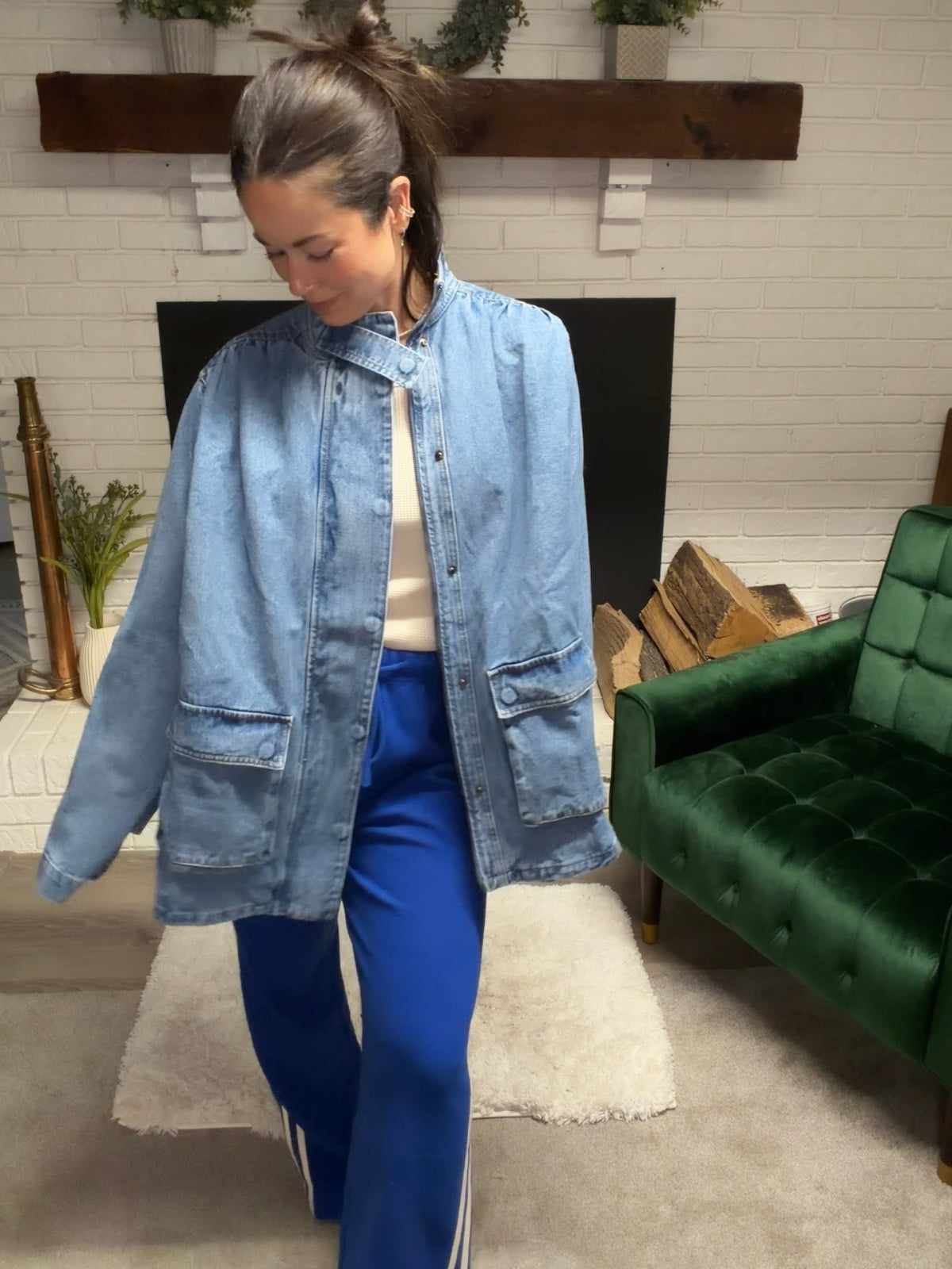 Shirring Detail Work Wear Denim Jacket