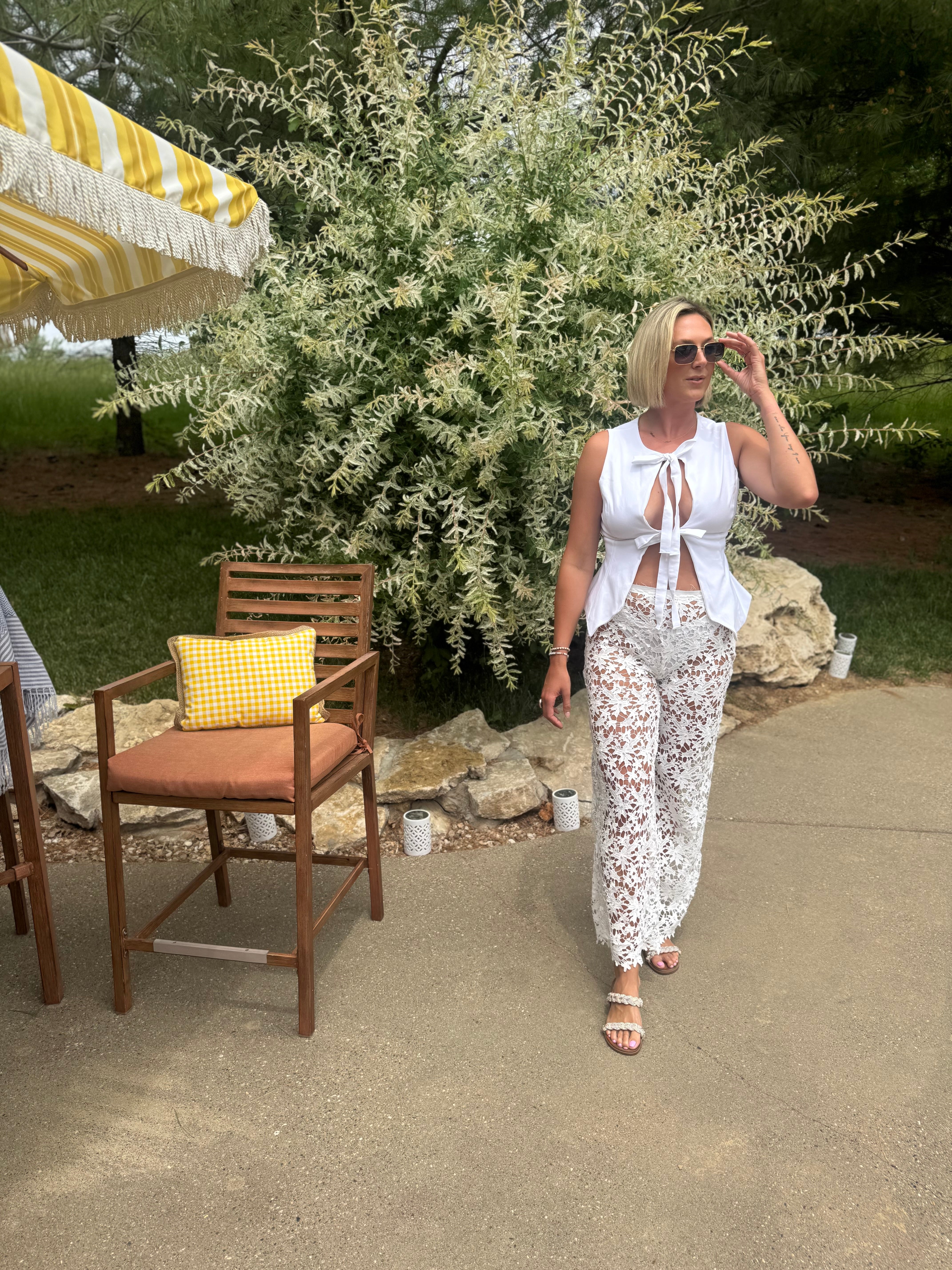 White Floral Crochet Pants