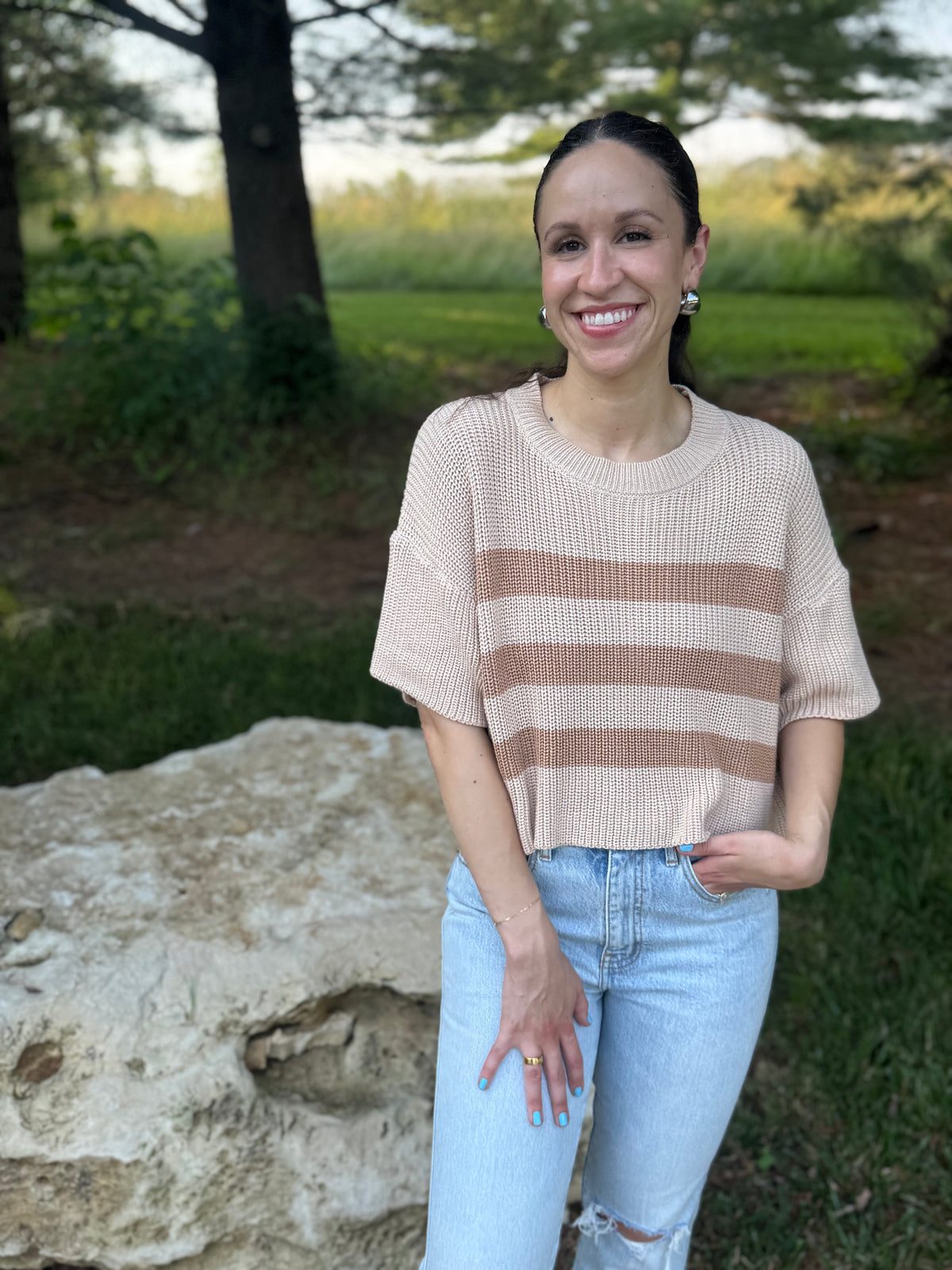 Beige & Brown Striped Short Sleeve Sweater