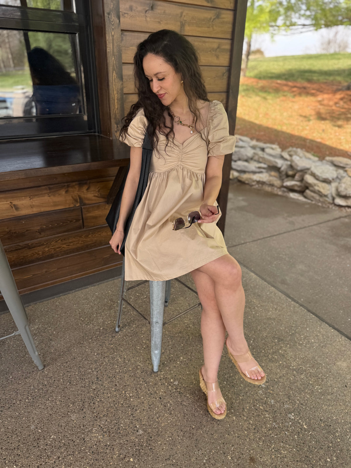Tan Balloon Sleeve Mini Dress