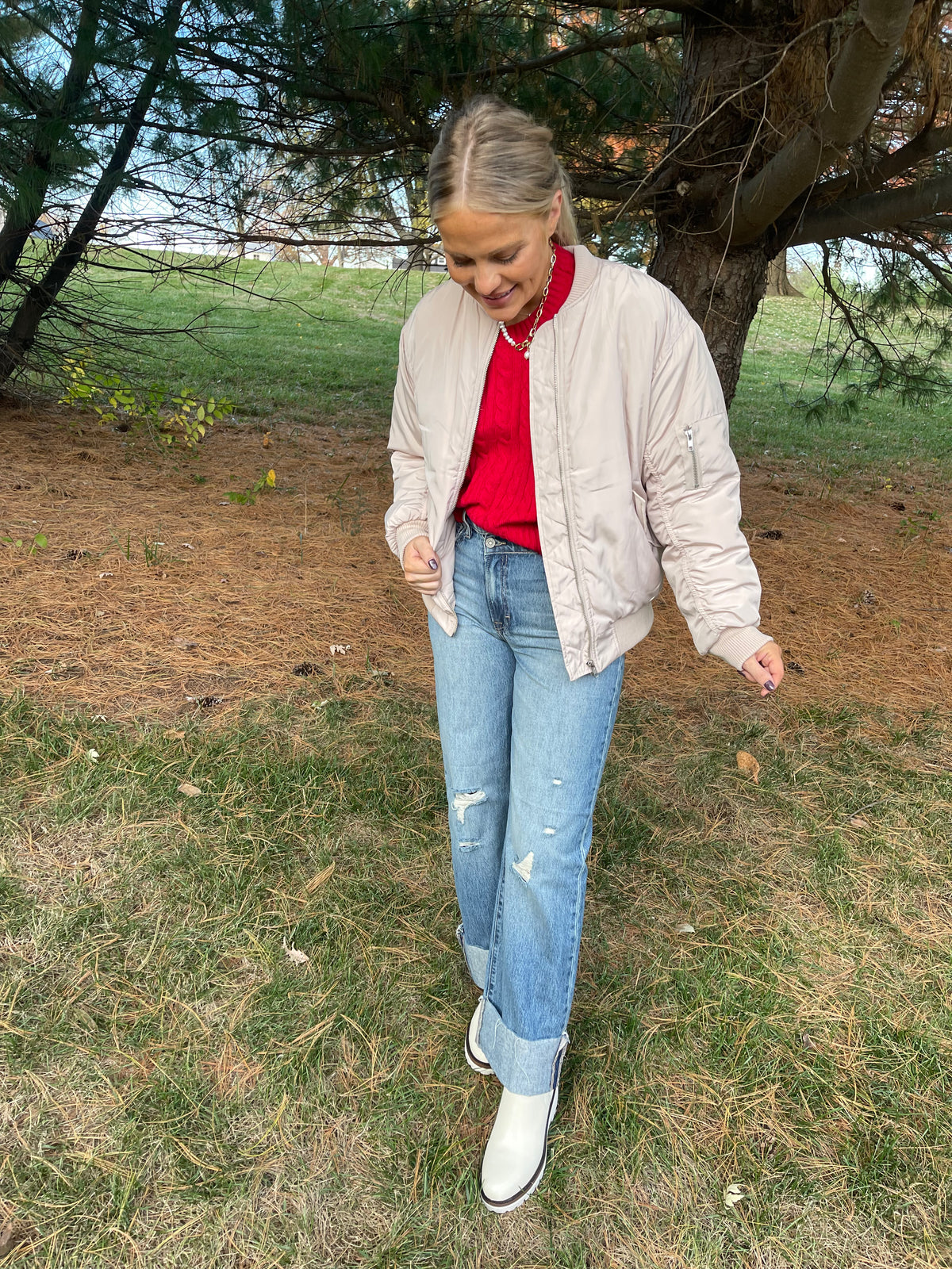 Cream Ruched Sleeve Bomber Jacket