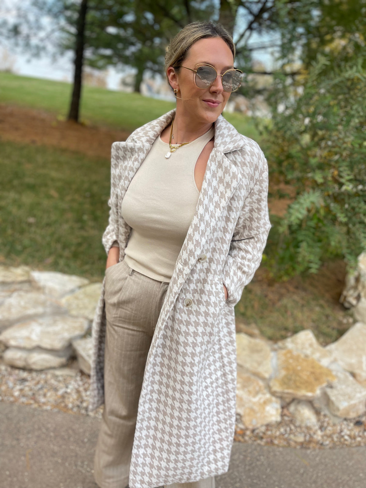 Taupe & Ivory Houndstooth Long Coat