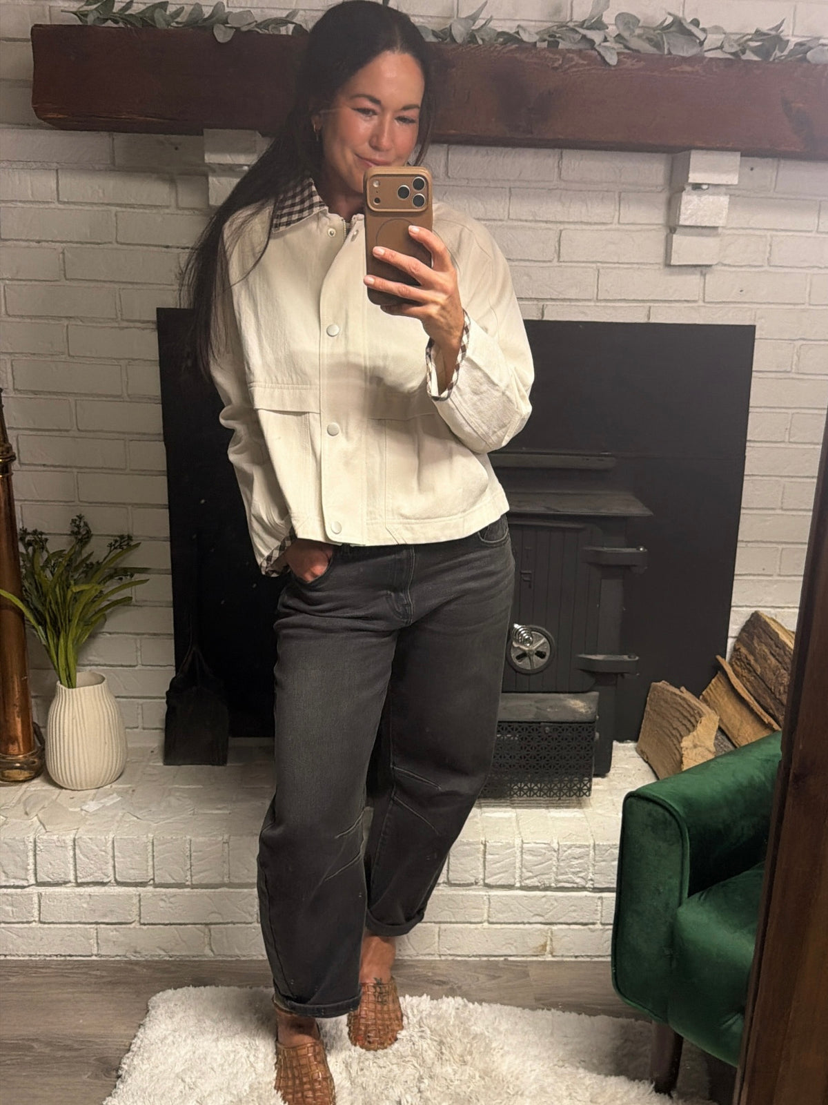 Cream & Mocha Gingham Contrast Denim Jacket