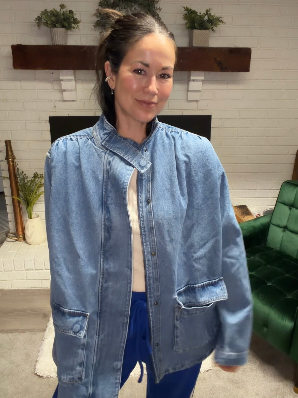 Shirring Detail Work Wear Denim Jacket