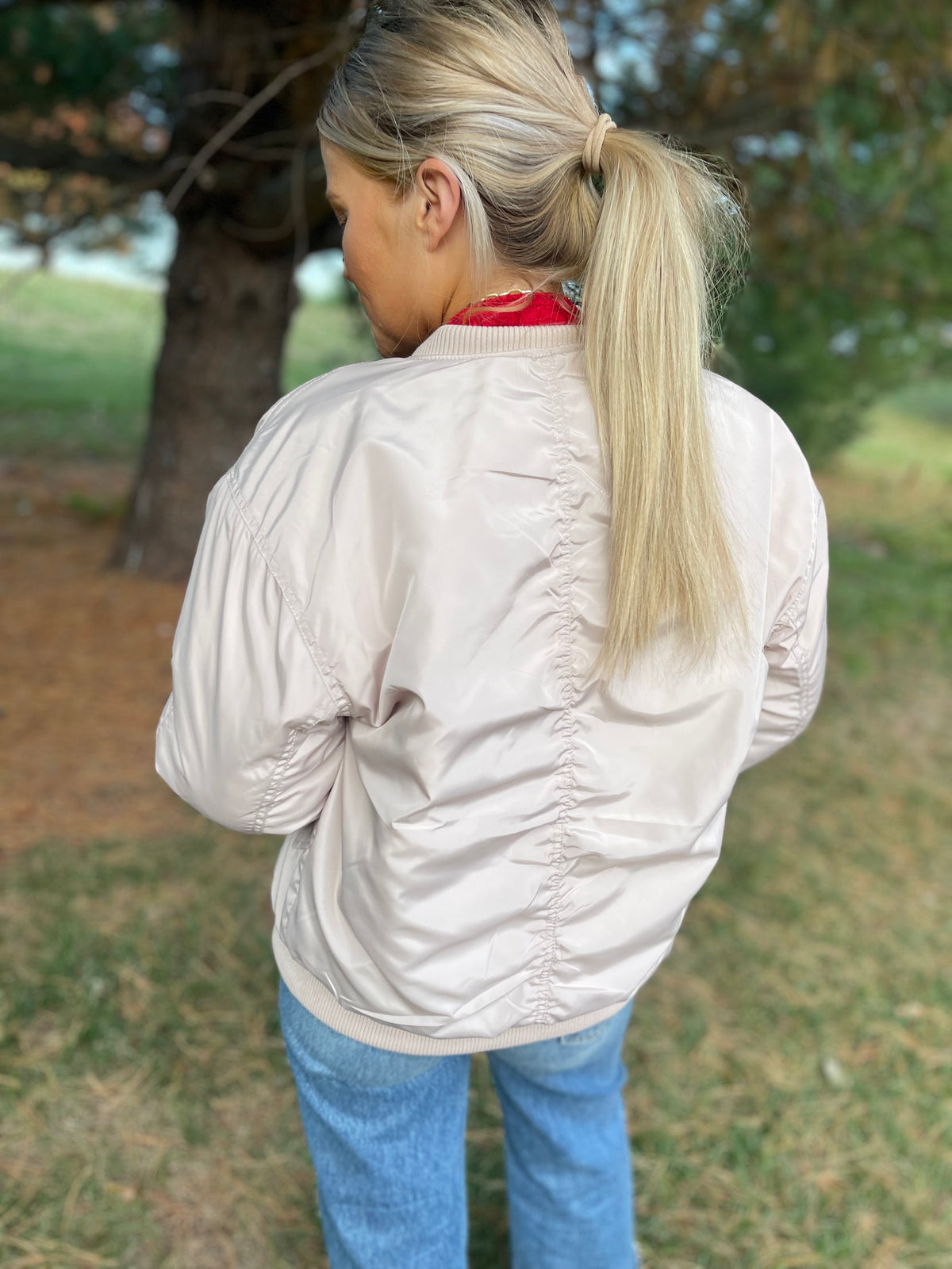 Cream Ruched Sleeve Bomber Jacket