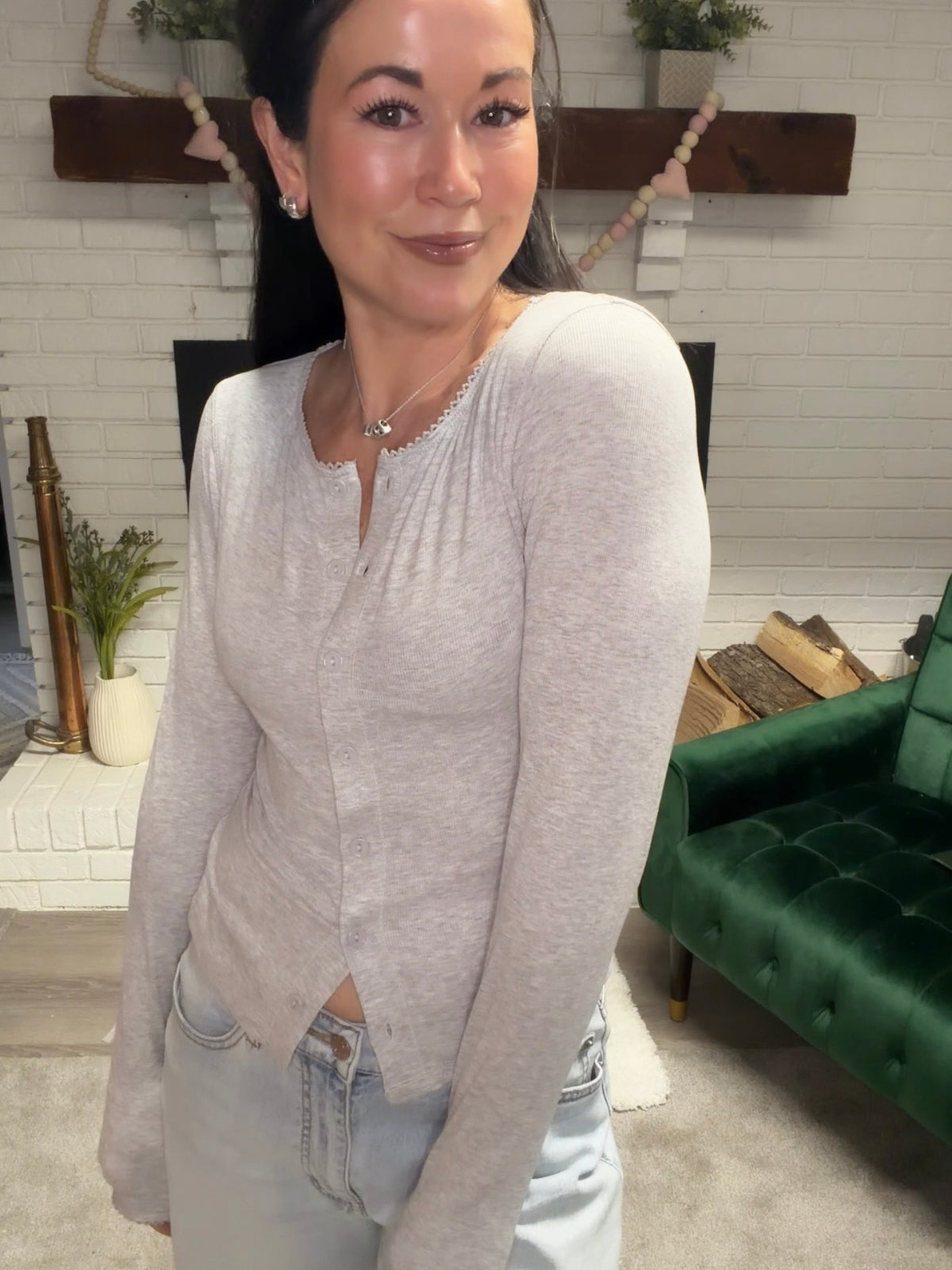 Grey Pico Trim Button Front Top