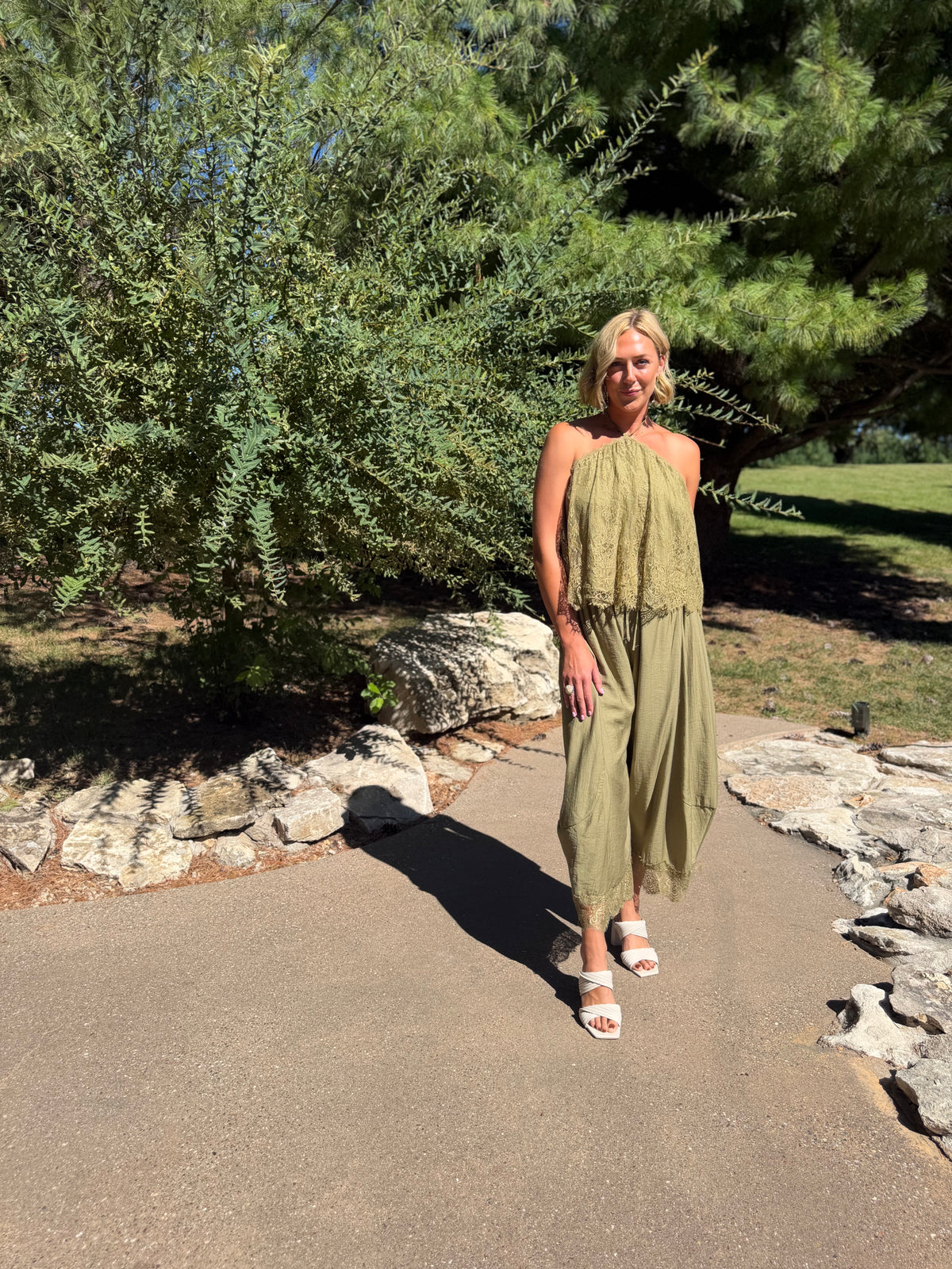 Olive Scallop Lace Halter Top