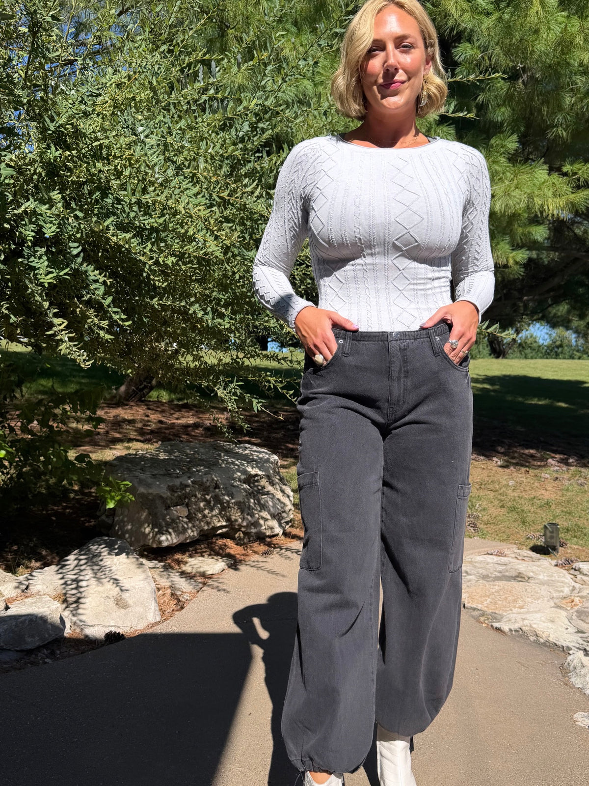 Grey Textured Long Sleeve Fitted Top