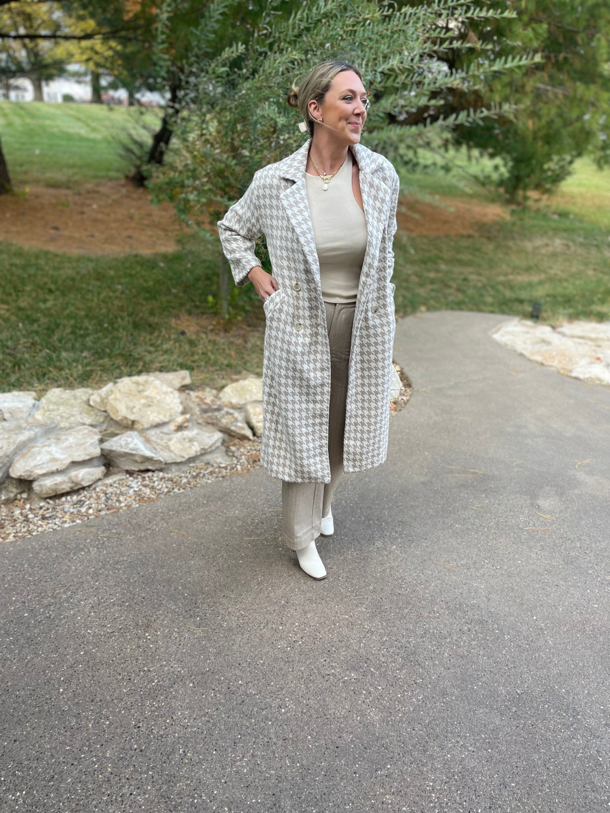 Taupe & Ivory Houndstooth Long Coat
