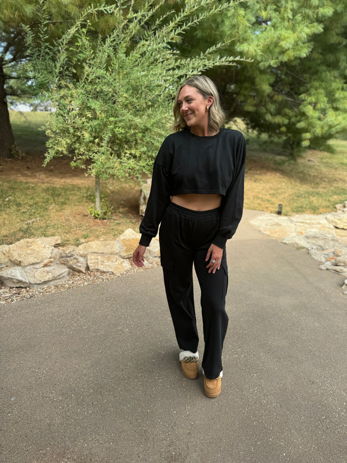 French Terry Crop Sweatshirt & Wide Leg Cargo Pant Set