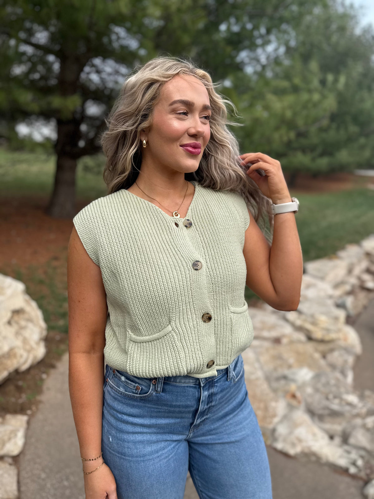 Light Green Button Front Sweater Vest
