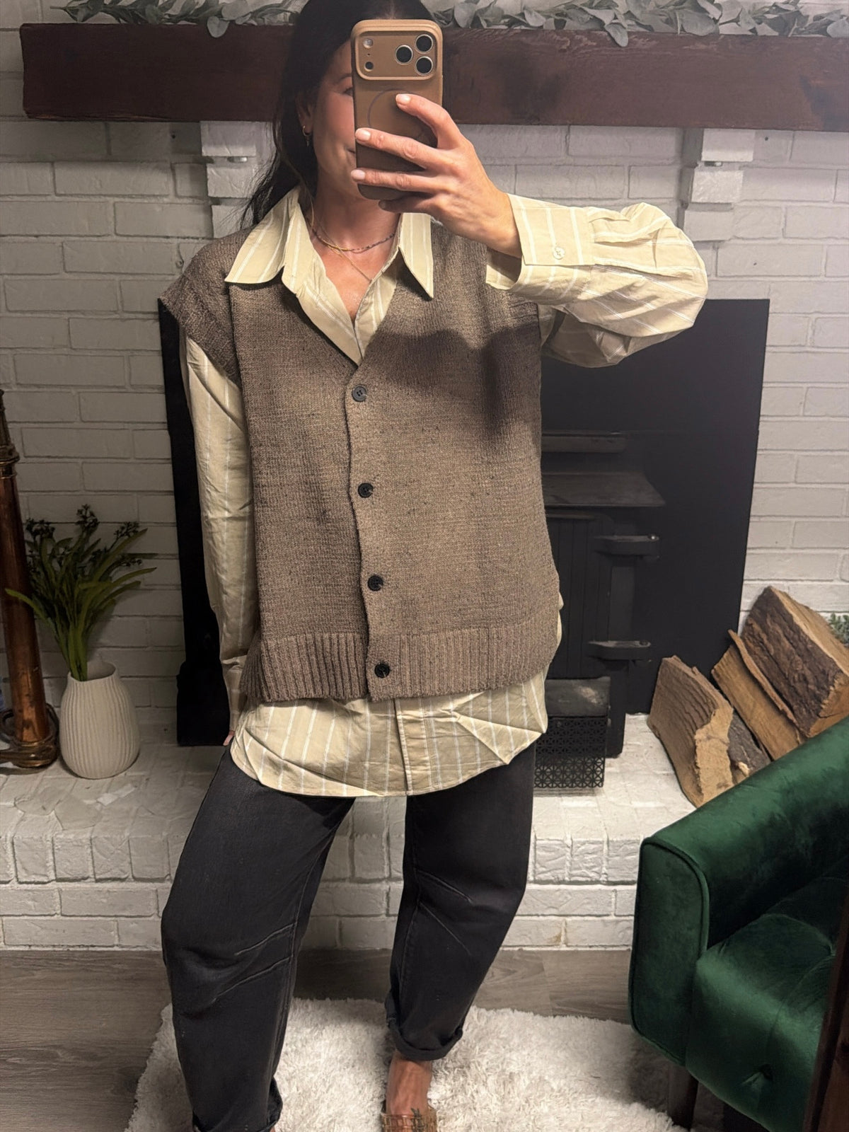 Khaki Striped Oversized Woven Top