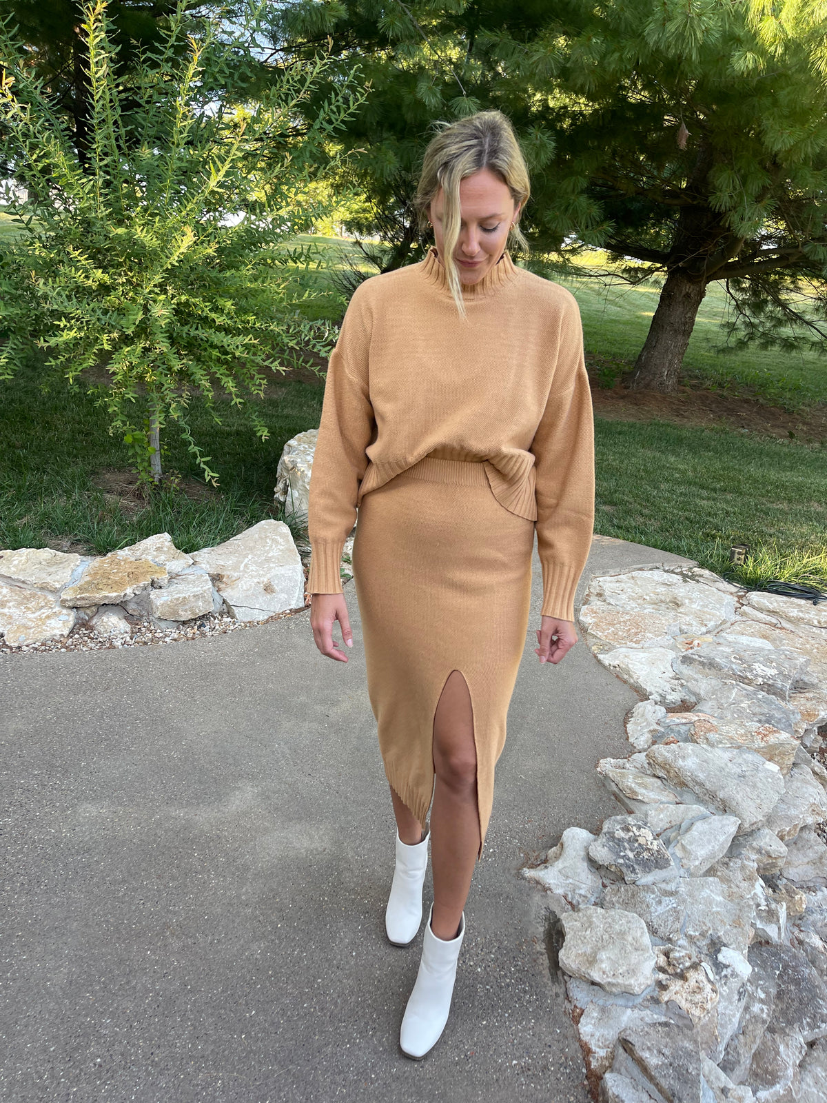 Camel Split Hem Knit Skirt Set