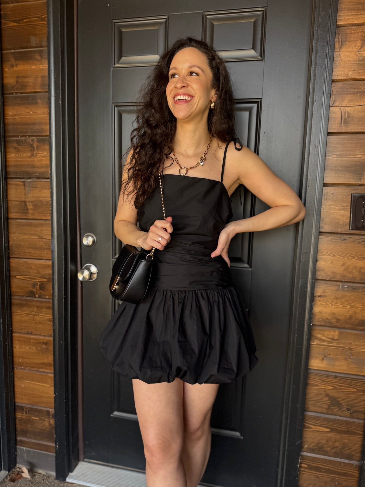 Black Tie Shoulder Bubble Hem Dress