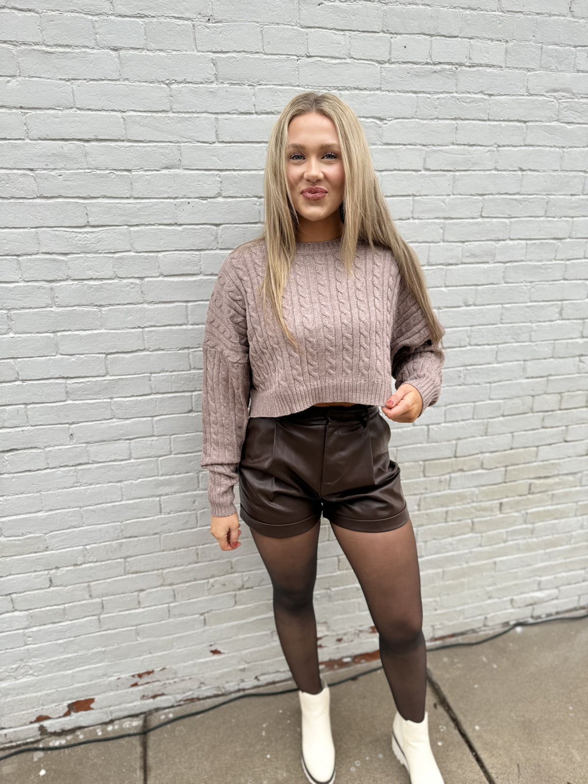 Mocha Cropped Cable Knit Sweater