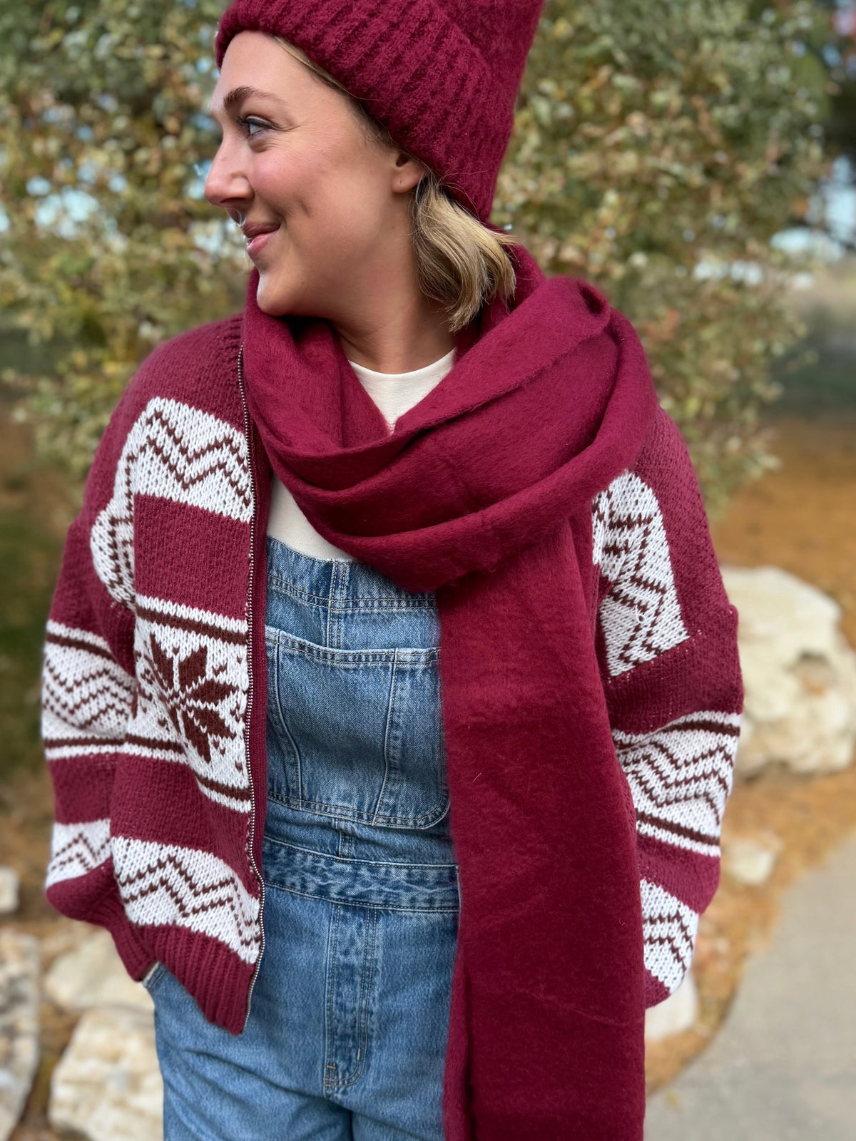 Burgundy Zip Front Fair Isle Sweater