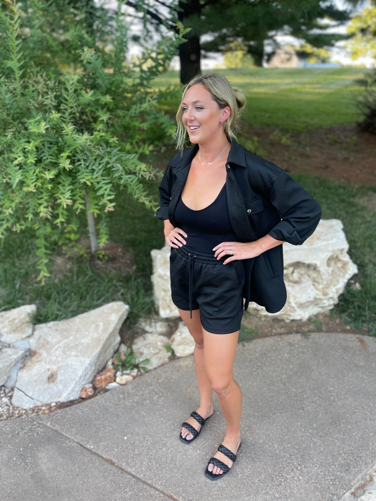Black Jacquard Knit Drawstring Short