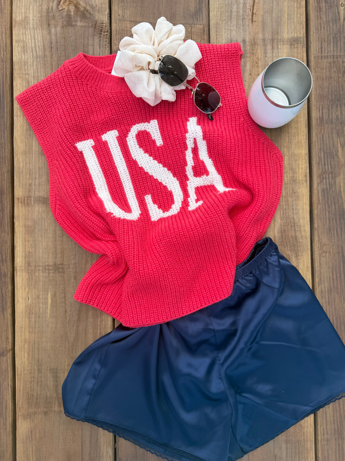 Red Sleevless USA Sweater
