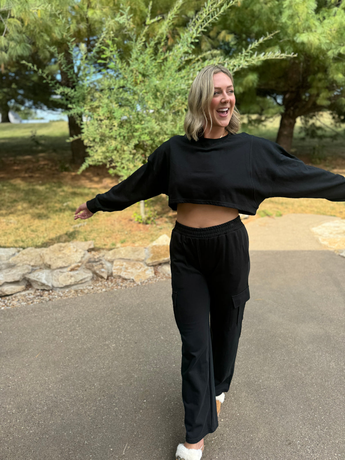 French Terry Crop Sweatshirt & Wide Leg Cargo Pant Set