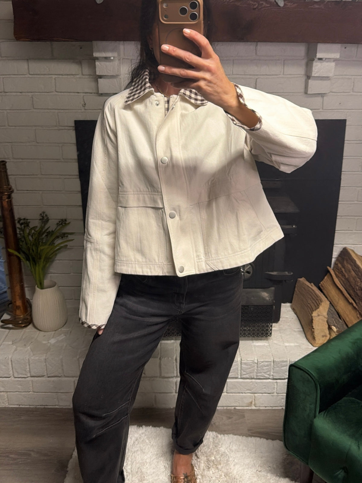 Cream & Mocha Gingham Contrast Denim Jacket