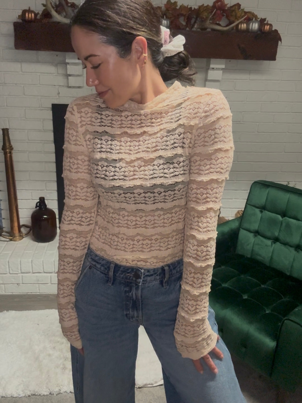 Beige Long Sleeve Lace Top