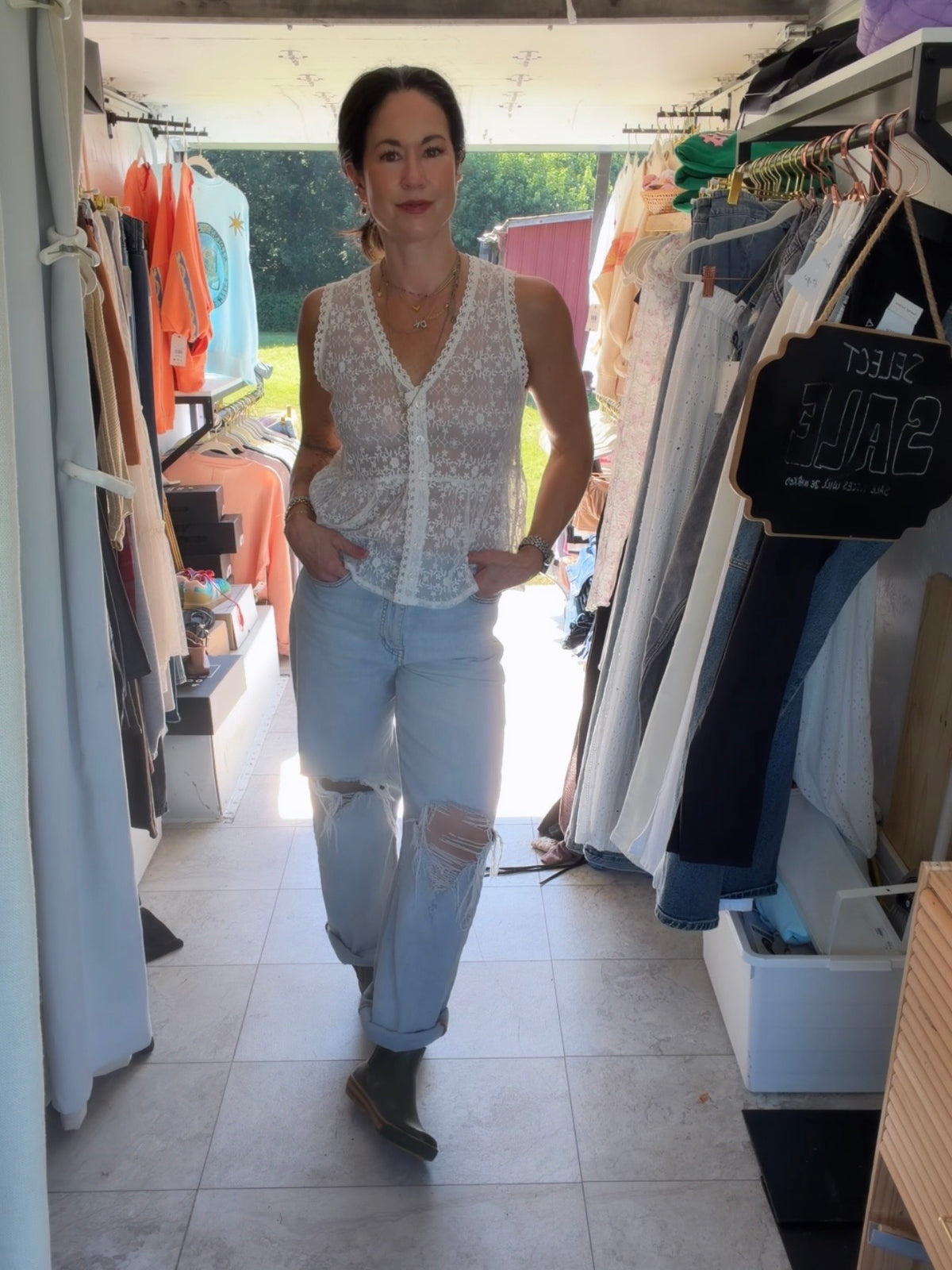 Sleeveless Lace Button Front Top