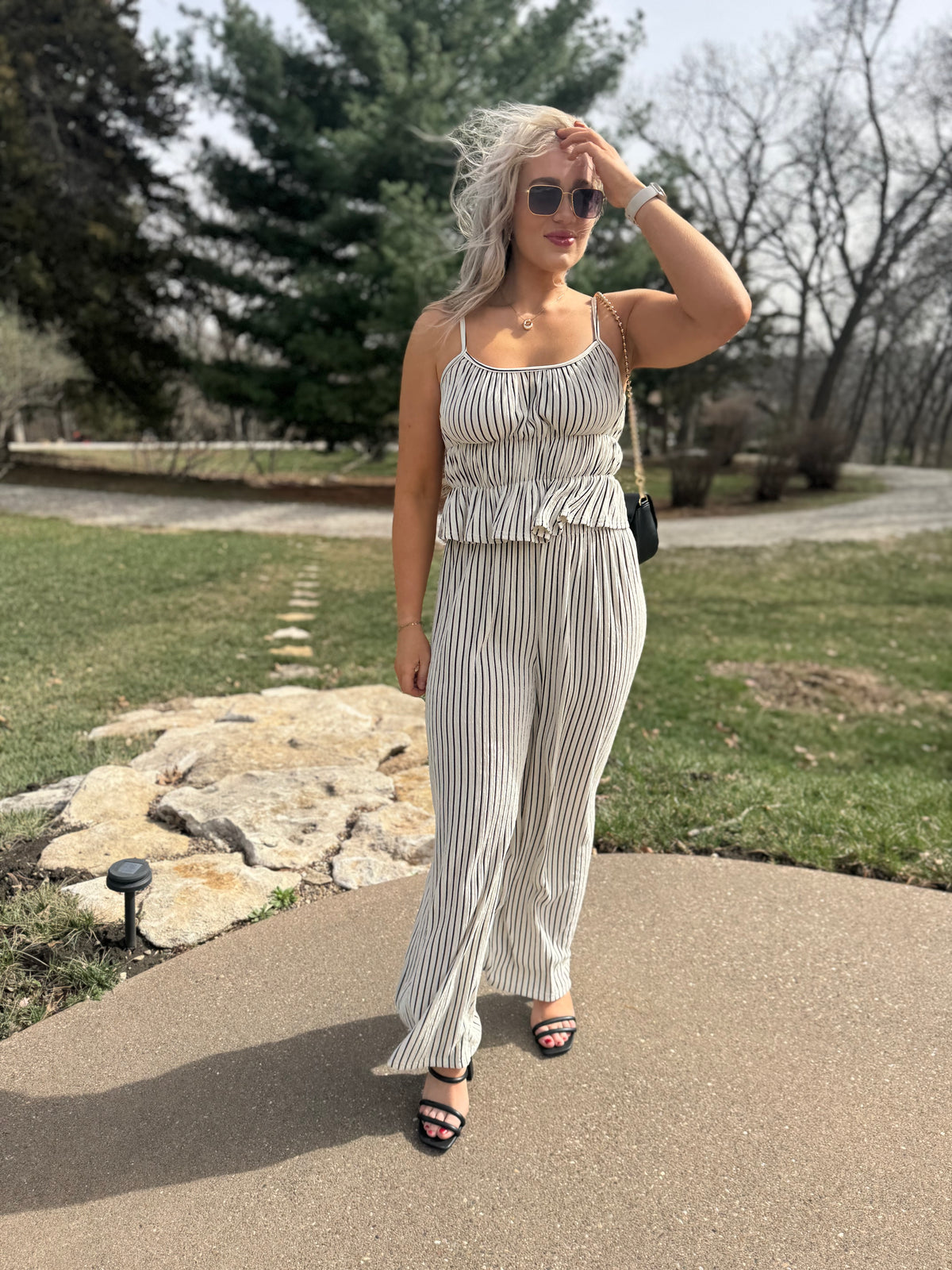 Black & Natural Striped Wide Leg Pants
