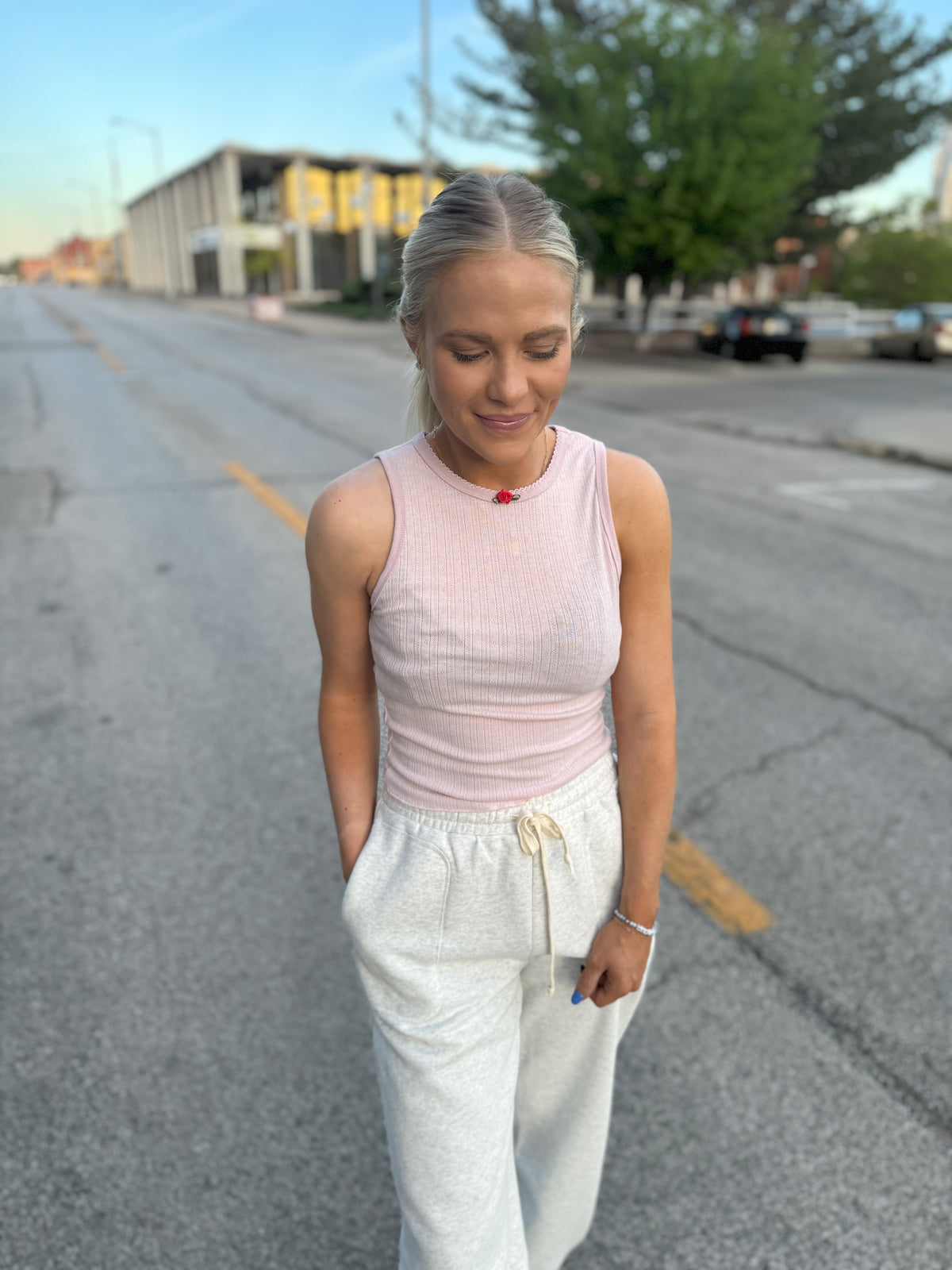 Pink Rosette Detailed Tank Top