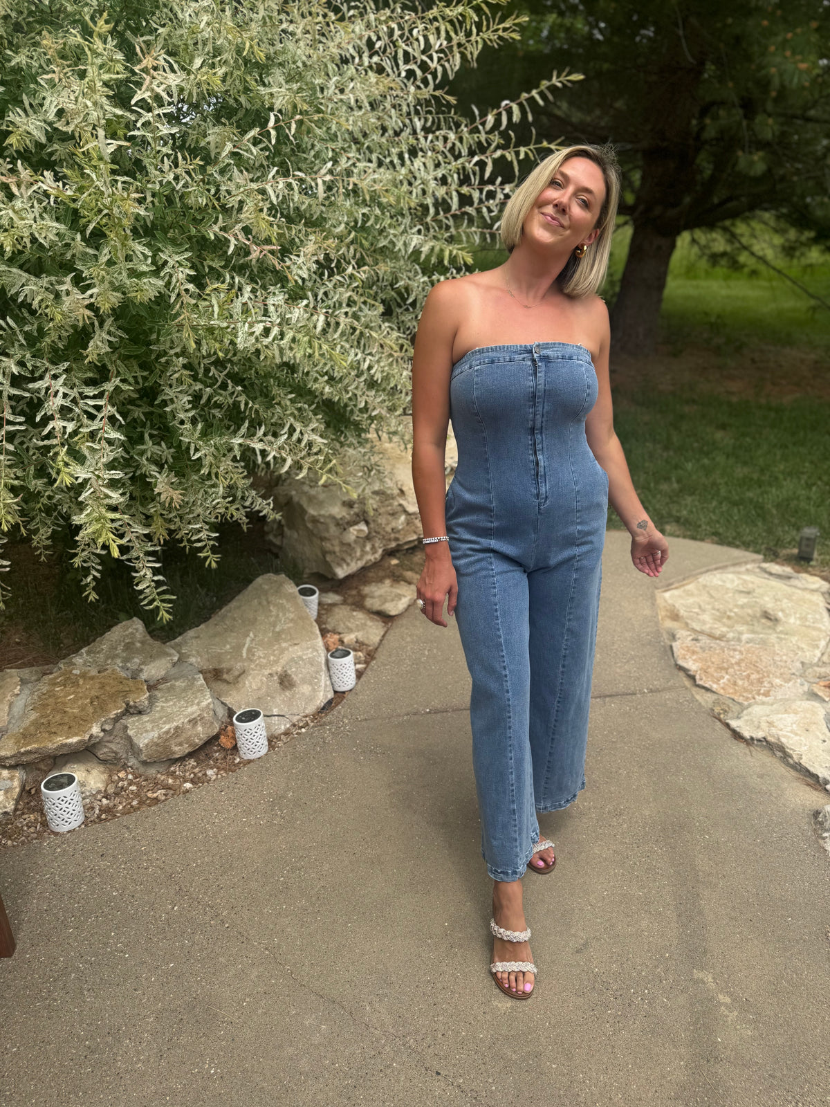 Strapless Wide Leg Denim Jumpsuit