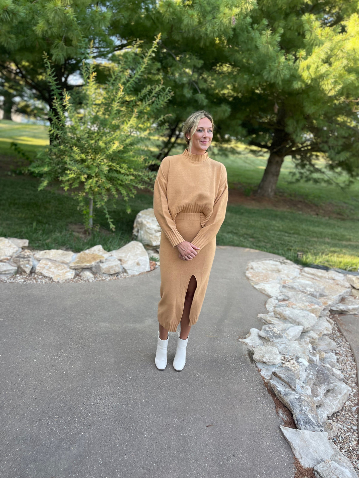 Camel Split Hem Knit Skirt Set