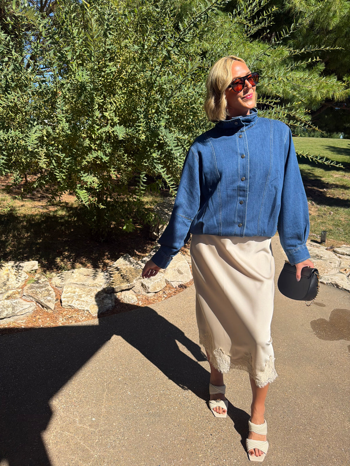 Oversized Denim Funnel Neck Bomber Jacket