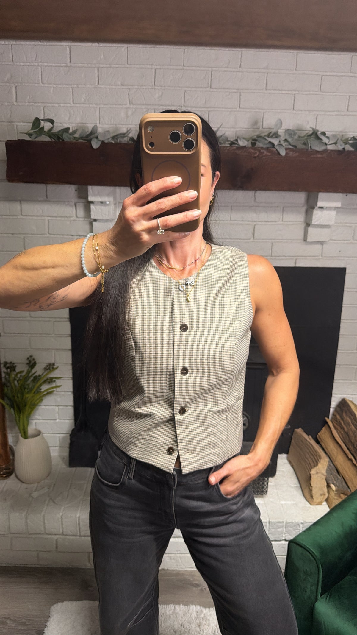 Brown Houndstooth Woven Vest