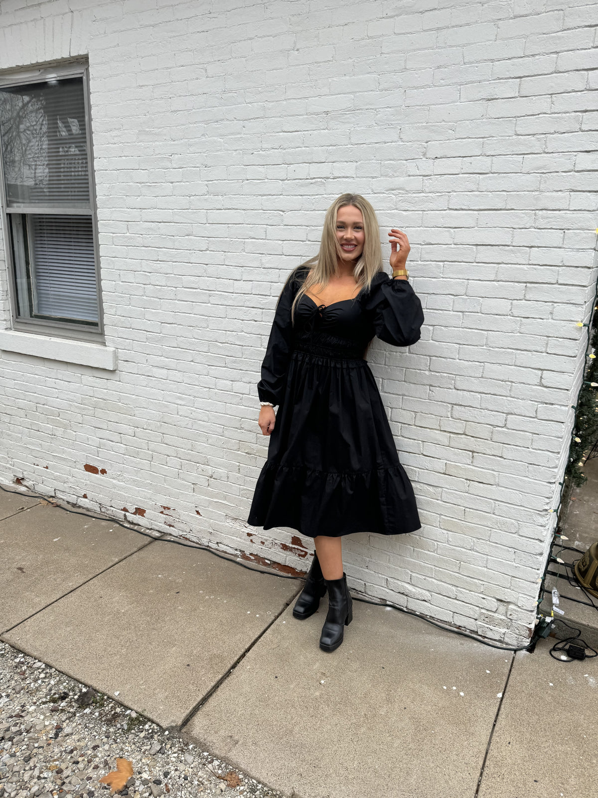 Black Long Sleeve Ruched Waist Dress