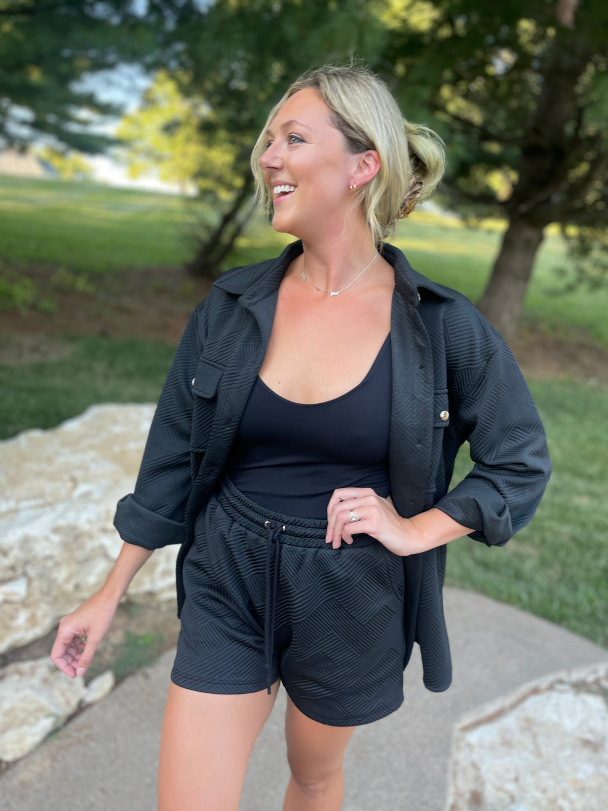 Black Jacquard Knit Drawstring Short
