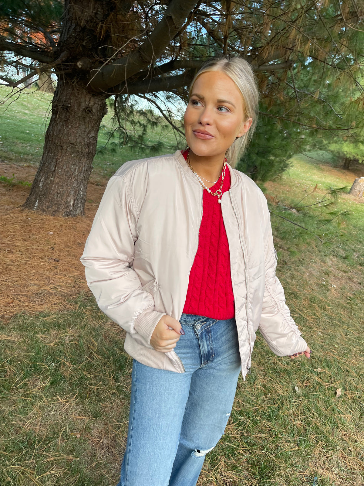 Cream Ruched Sleeve Bomber Jacket