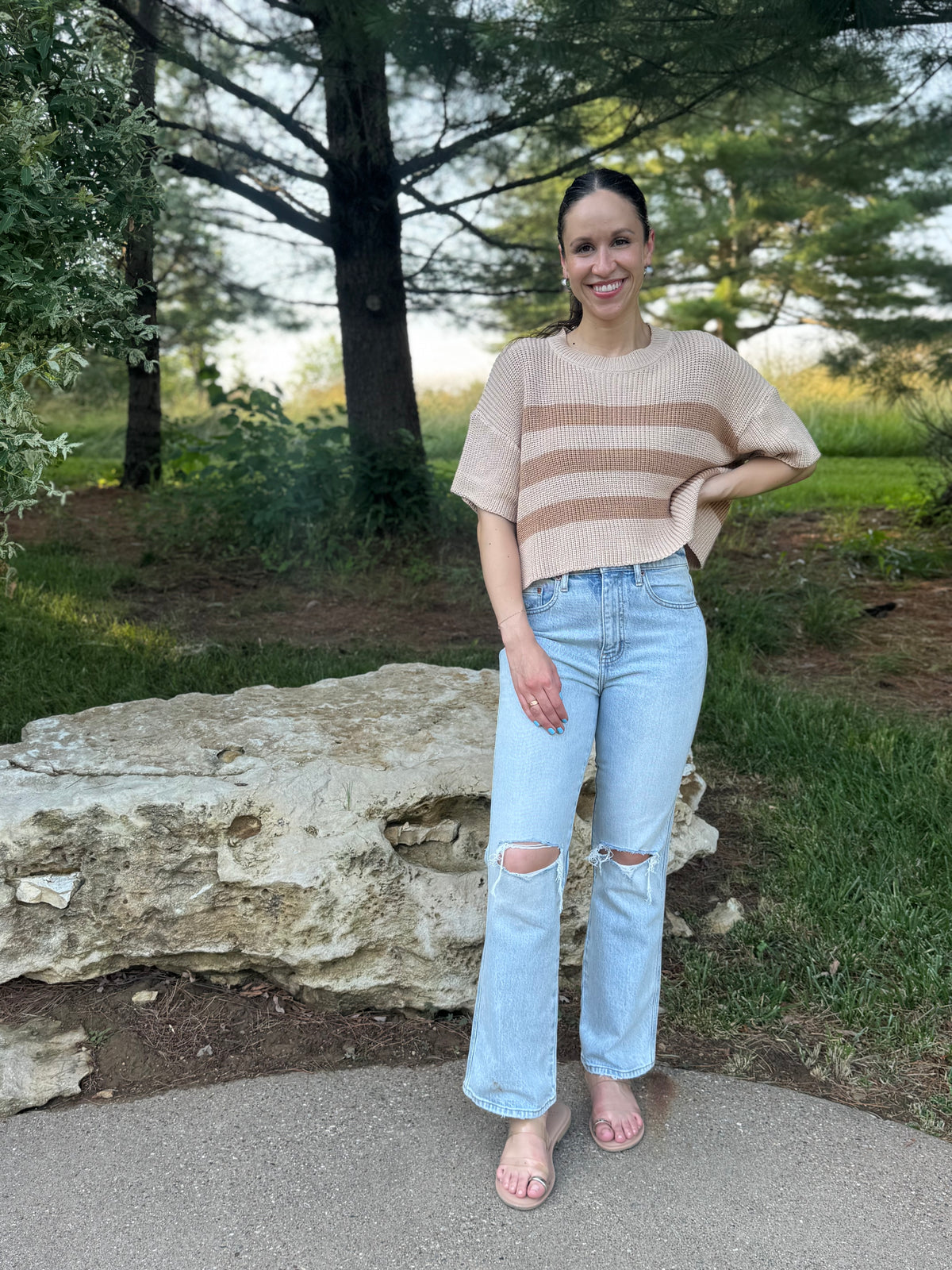 Beige & Brown Striped Short Sleeve Sweater