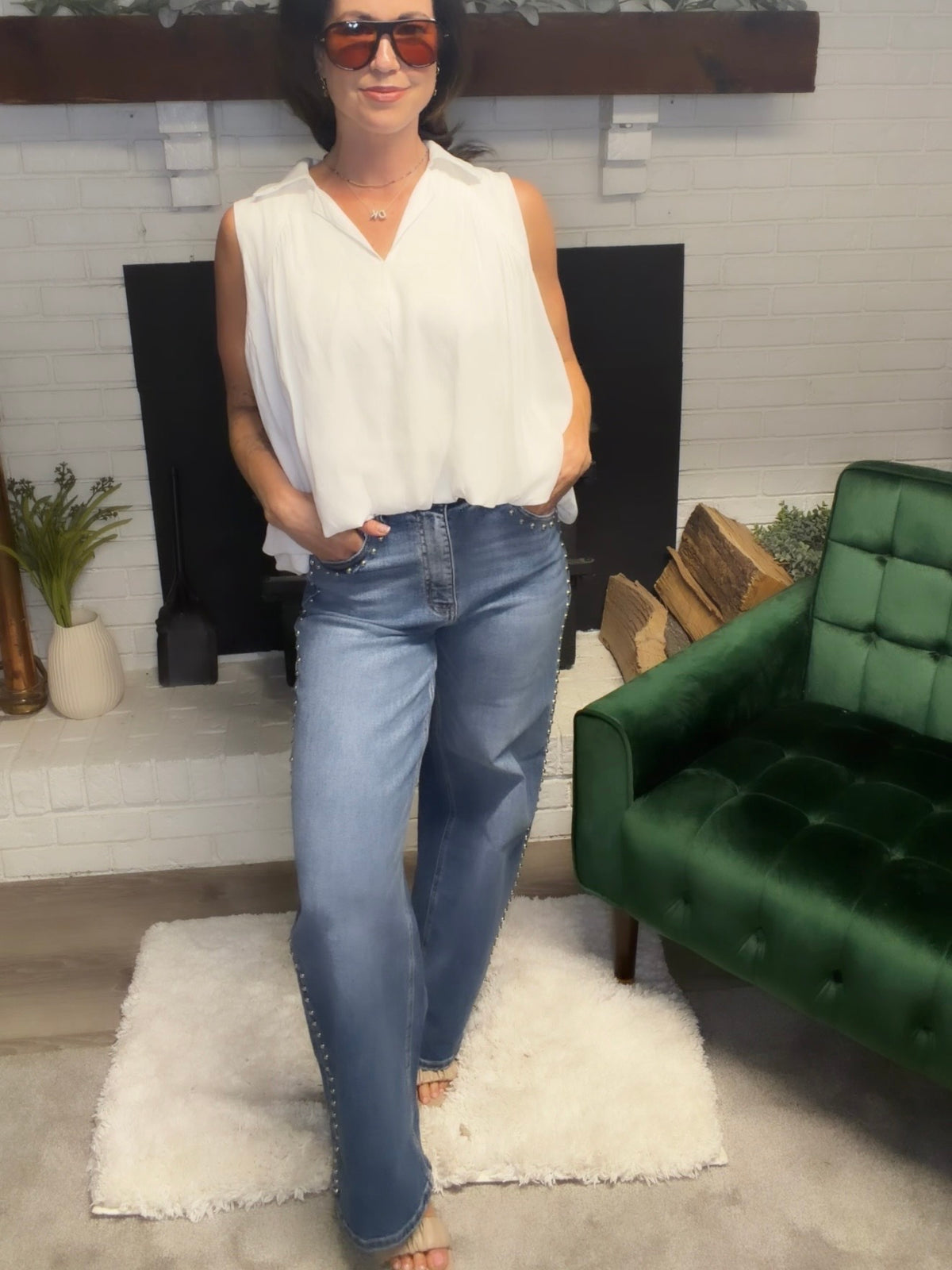 High Rise Studded Wide Leg Jeans