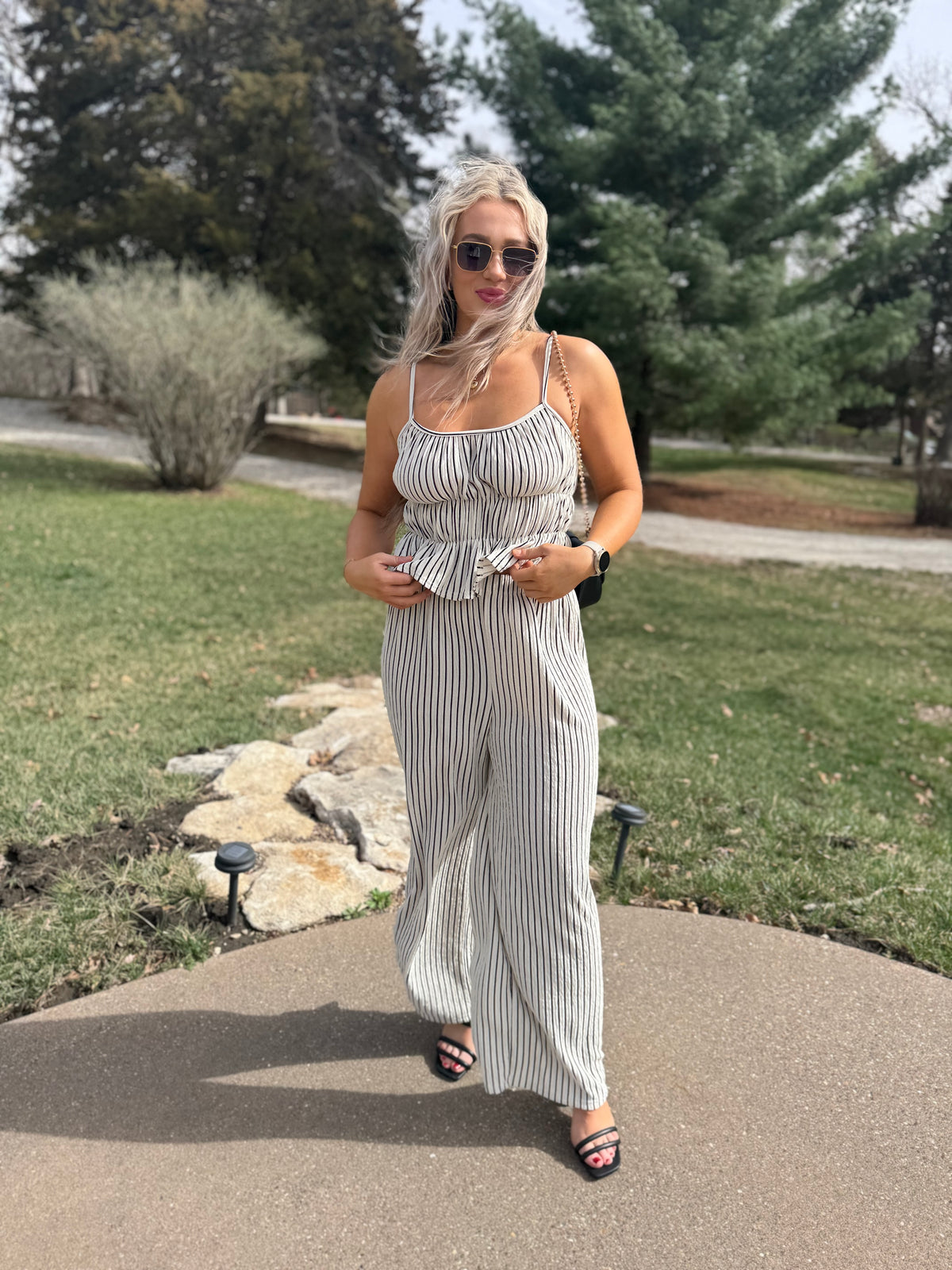 Black & Natural Striped Wide Leg Pants