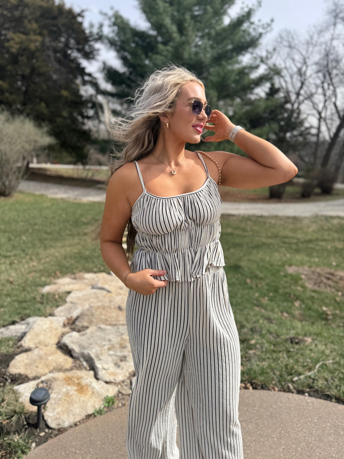 Black & Natural Striped Wide Leg Pants