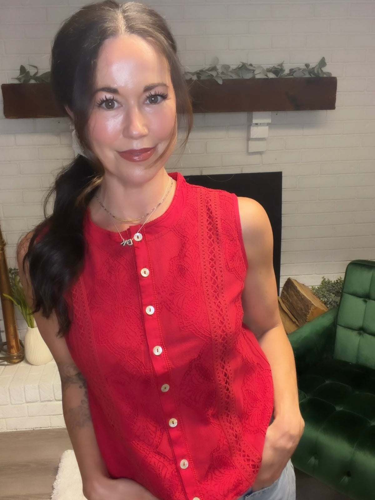 Red Lace Button Front Sleeveless Top