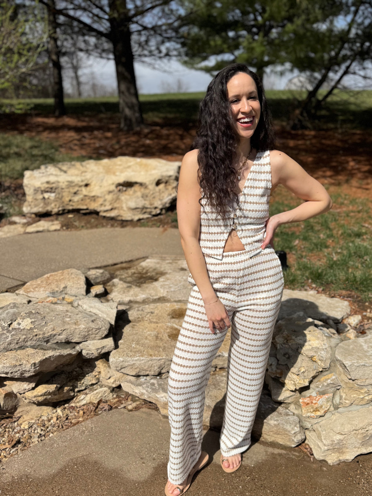 Taupe Stripe Knit Wide Leg Pants