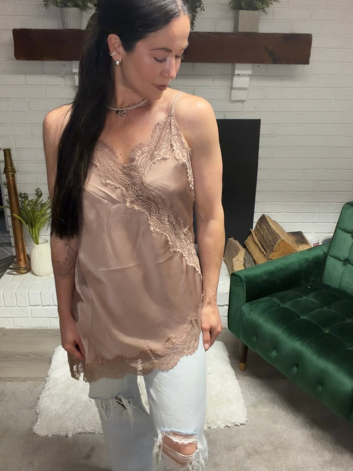 Mocha Asymmetrical Lace Tank Tunic Top