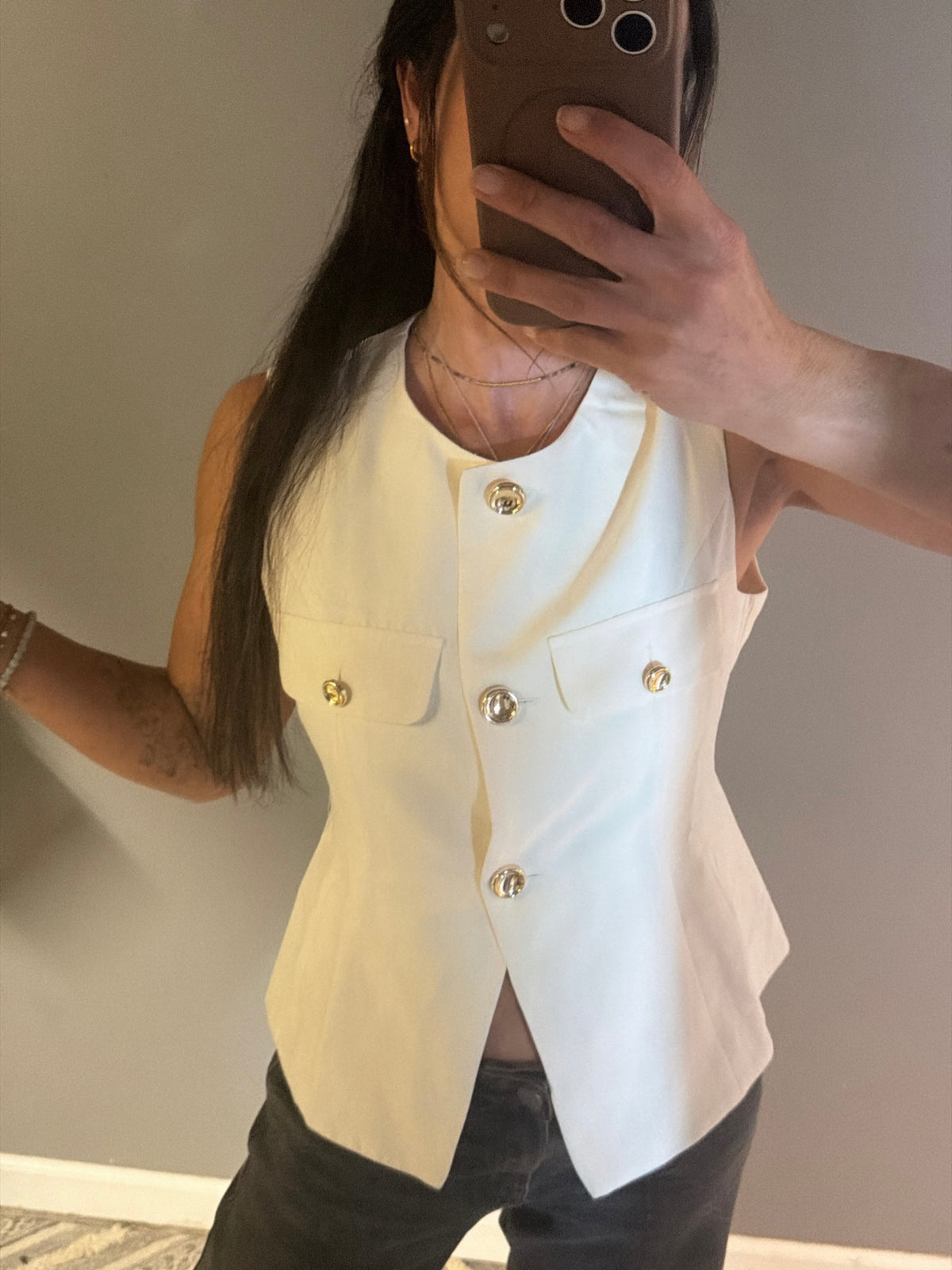 Cream Gold Button Detail Vest
